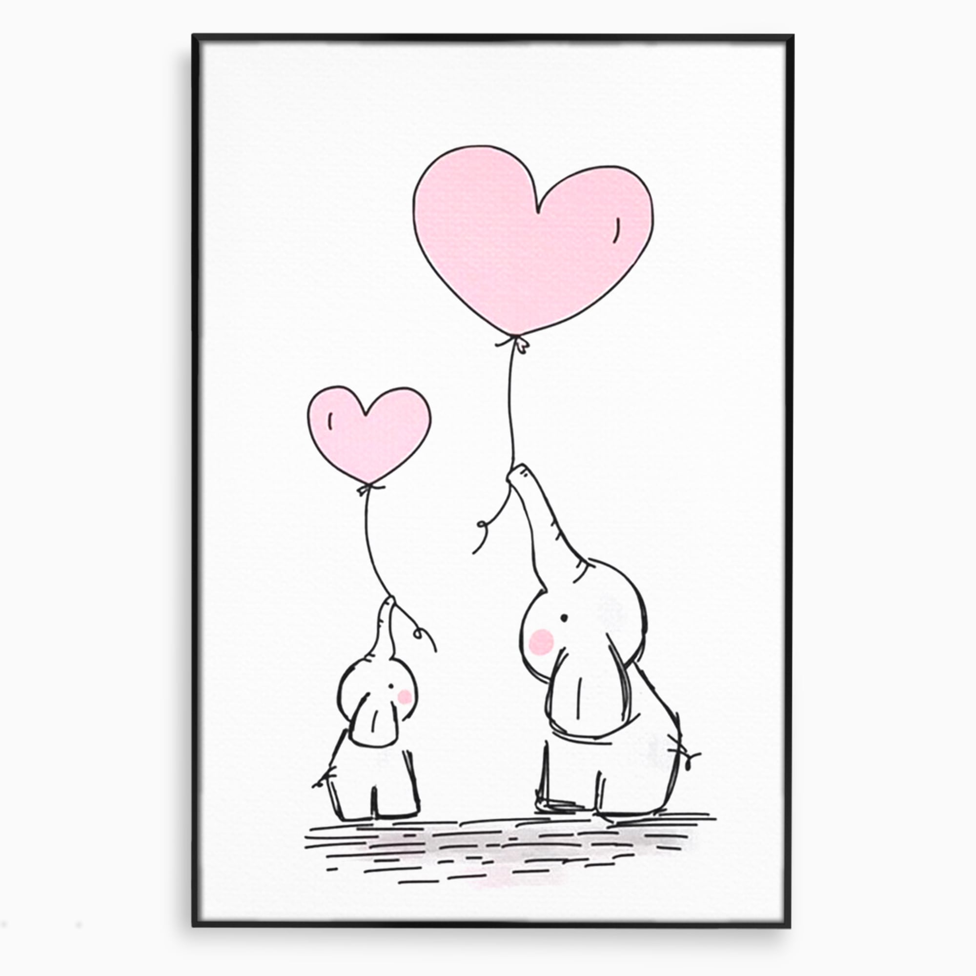 Tablou canvas cu ilustratie cu elefanti si baloane, in rama de aluminiu negru
